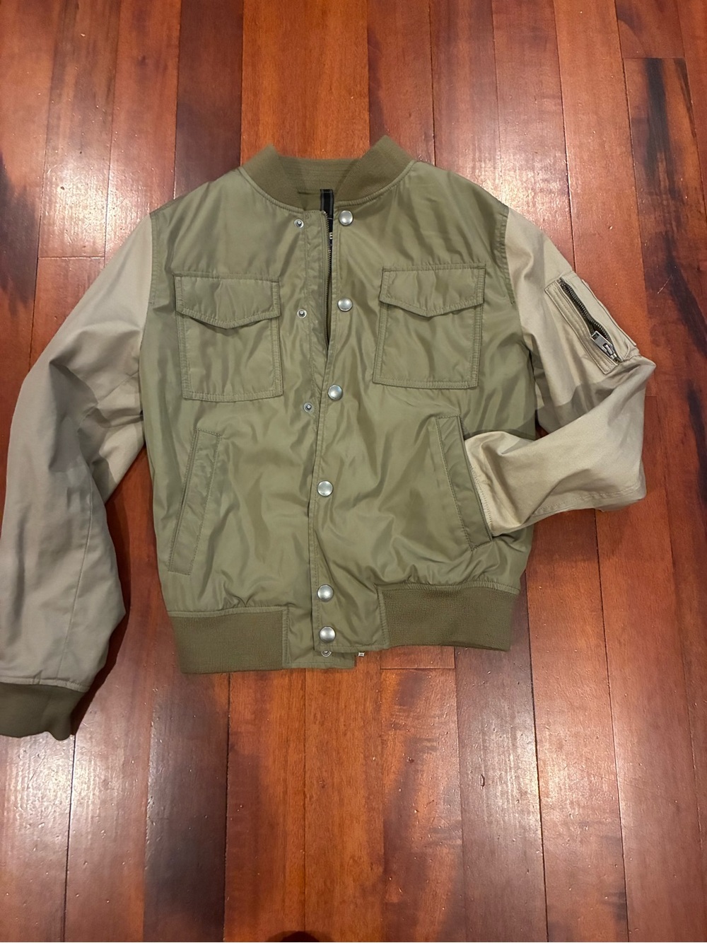 Express Olive Green Bomber Jacket with Tan Sleeves